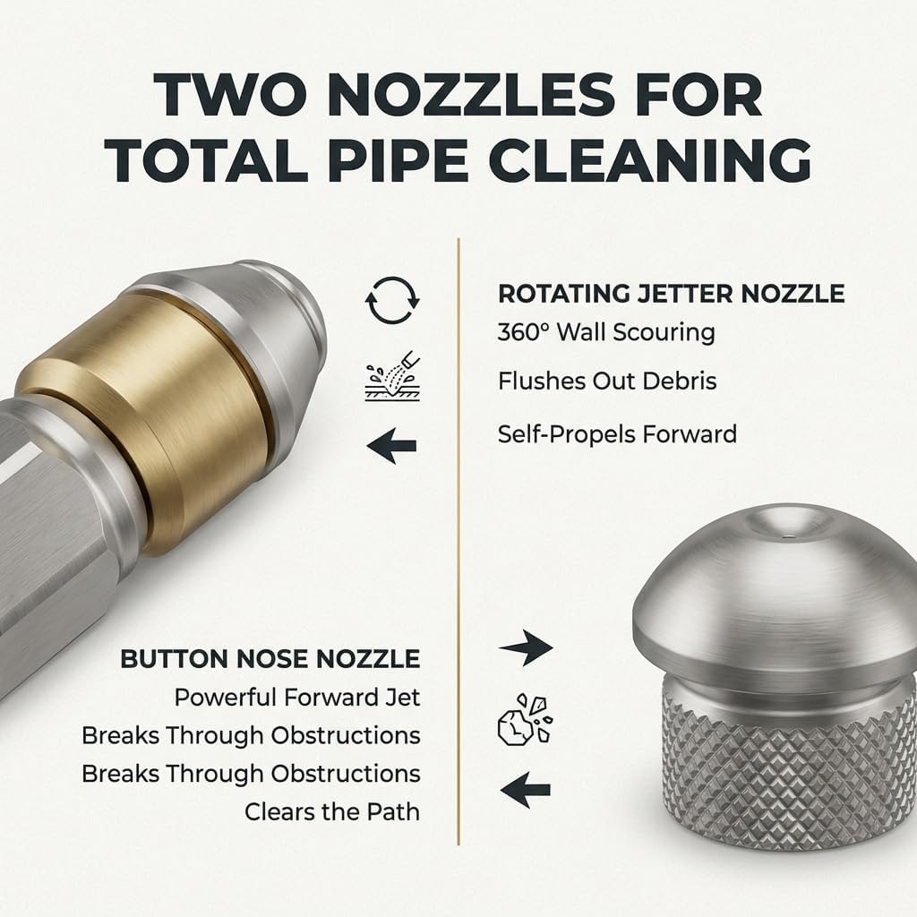 Lanza Karcher Boquilla de Agua de Alta Presion para Limpieza de Tuberias y Alcantarillado Rigida y Giratoria Acero Inoxidable y Laton Compatible con Conector G 1/8" IG
