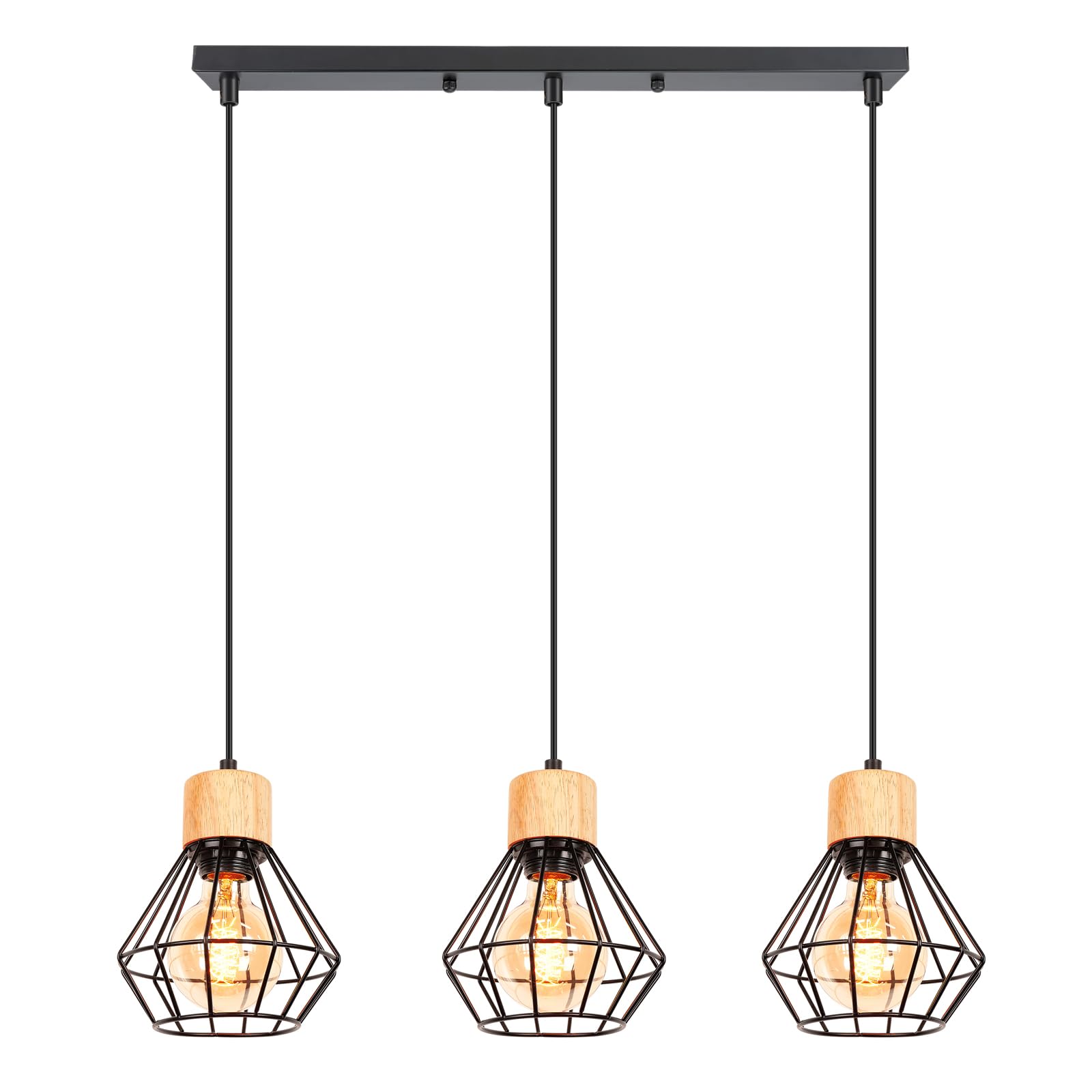 PETITES ECREVISSES 3 Luces Lampara Colgante E27 Vintage Industrial Lámpara de Techo Colgante Negro Metal con madera Retro Iluminación Para Cocina Comedor Sala de estar (Modelo A,con barra)