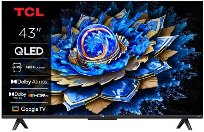 TCL 43T69C 43 inch QLED, directe led-tv, 4K HDR-tv, Smart Google TV (Dolby Vision & Atmos, Game Master, Motion Clarity, compatibel met Google Assistant en Alexa) [Energieklasse G]