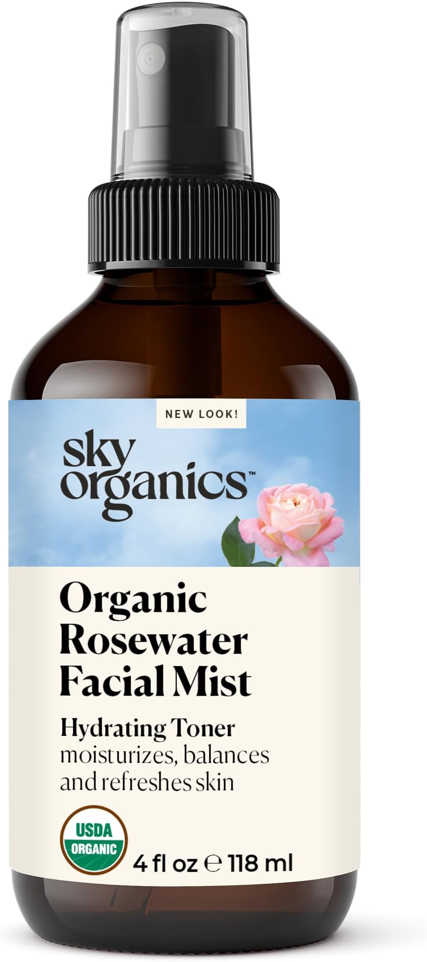 Sky Organics Organic Rosewater Facial Mist for Face, 100% Pure & Steam-Distilled USDA Certified to Hydrate, Balance & Refresh, 4 fl. Oz