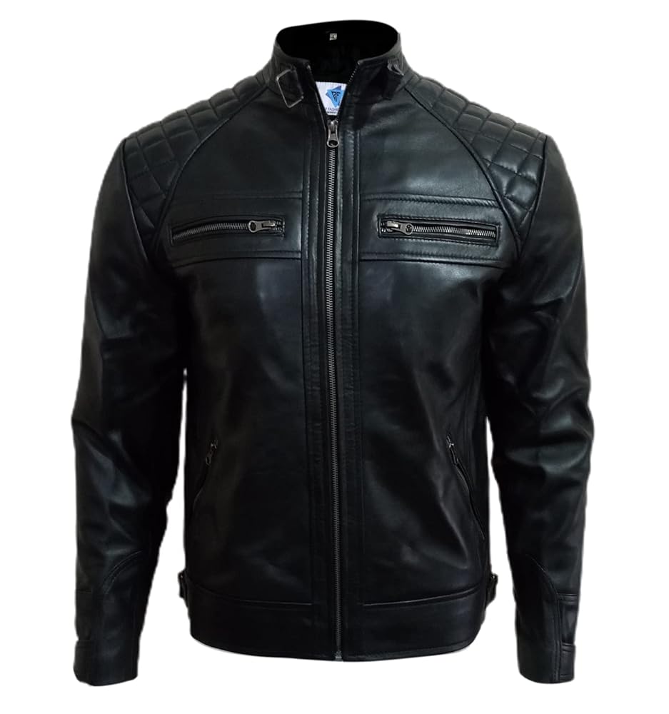SF FASHIONS Mens Genuine Leather Biker Jacket Black