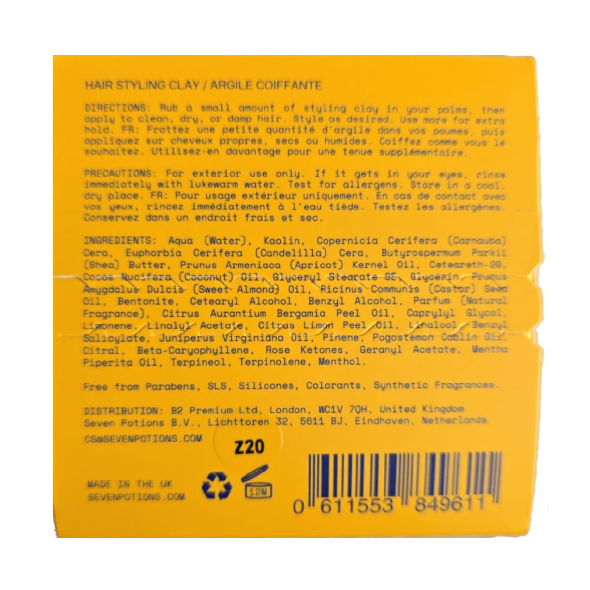 Seven Potions Argile Coiffante pour Homme — Naturelle, à Base d'Eau, Finition Mat, Produit à Fixation Ferme — 100% Vegan, Sans Cruauté (100 ml)
