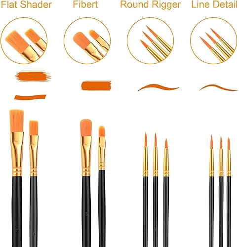 Miniatura 2 de Juego de pinceles de pintura acrílica, (20 paquetes/200 unidades), cepillos de pelo de nailon para óleo y acuarela, juego perfecto de pintura Negro