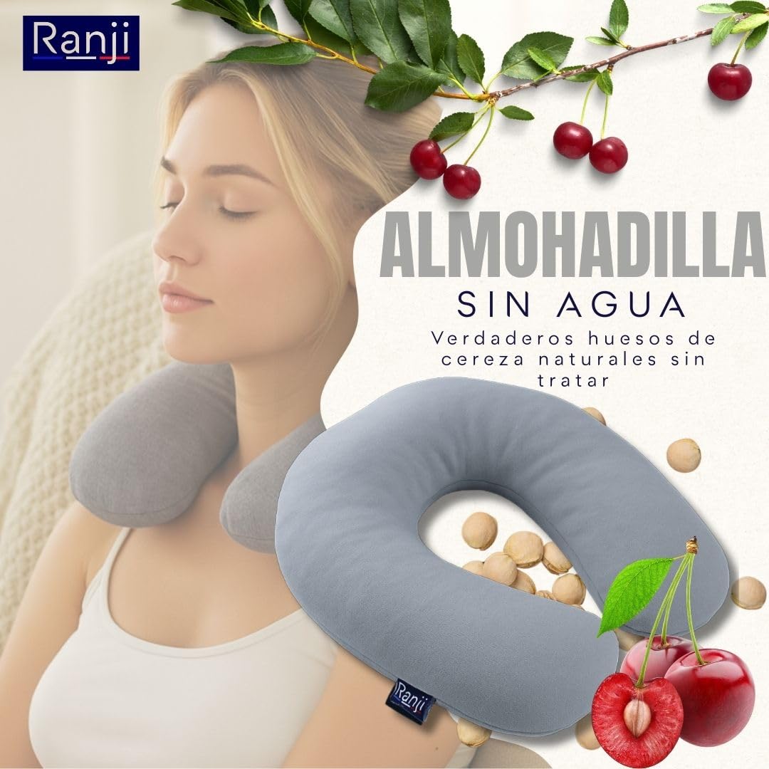 RANJI – Cuscino Termico con Noccioli di Ciliegia per Microonde | Cuscino Cervicale per Dolori al Collo e Spalle | Sacchetto Riscaldabile Naturale, Lavabile e Riutilizzabile (Gris)