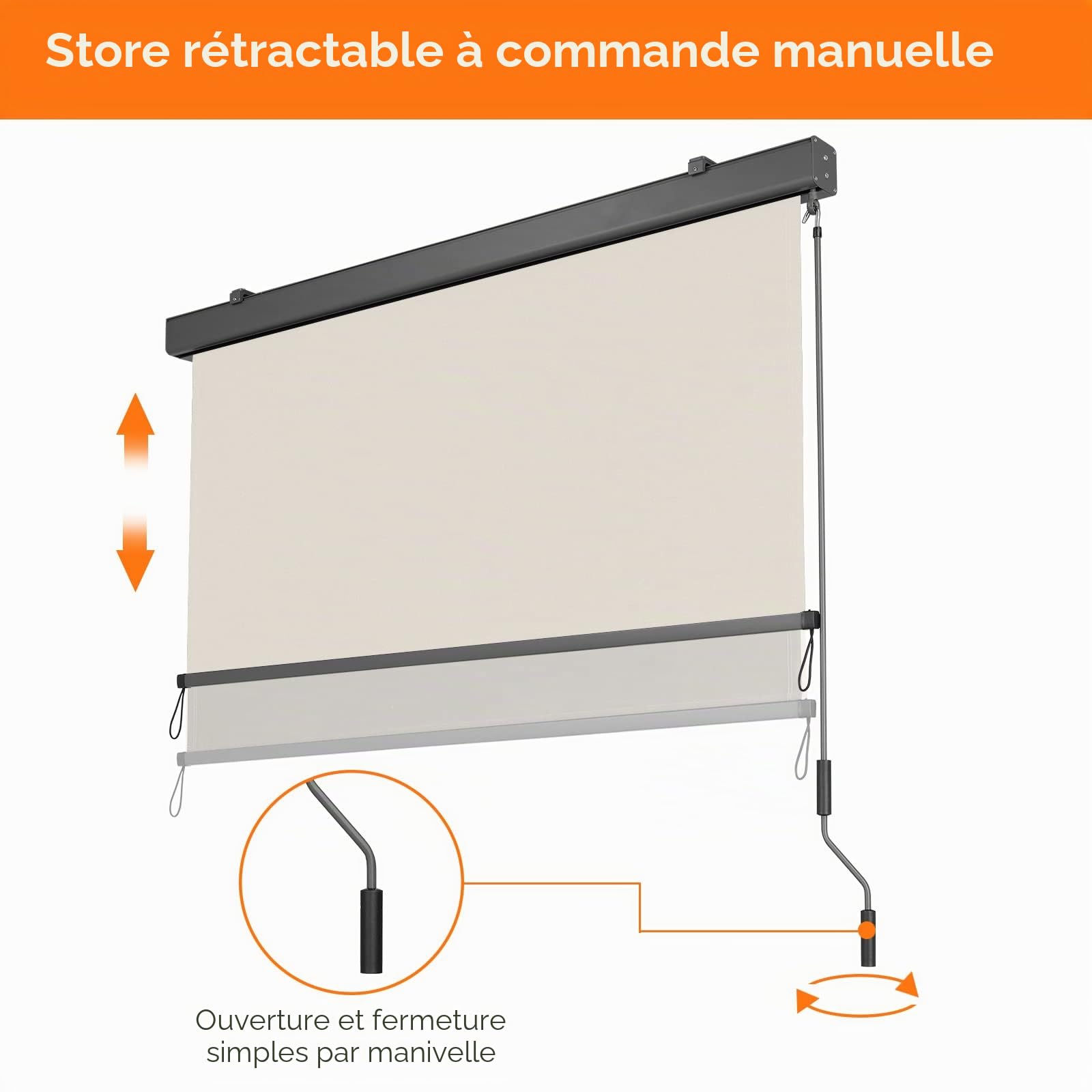 LIFERUN Store vertical 180 x 250 cm, avec manivelle, pour extérieur et intérieur, avec cassette, protection solaire, coupe-vent et brise-vue, pour balcon, terrasse et jardin, beige