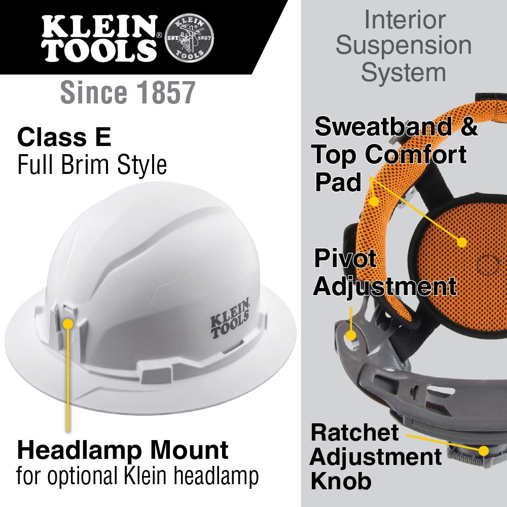Klein Tools 60910 - Casco de Seguridad, Estilo de Borde Completo, sin ventilar, Acolchado, Diadema antiolores, Probado hasta 20 kV, Alta Visibilidad Verde limón
