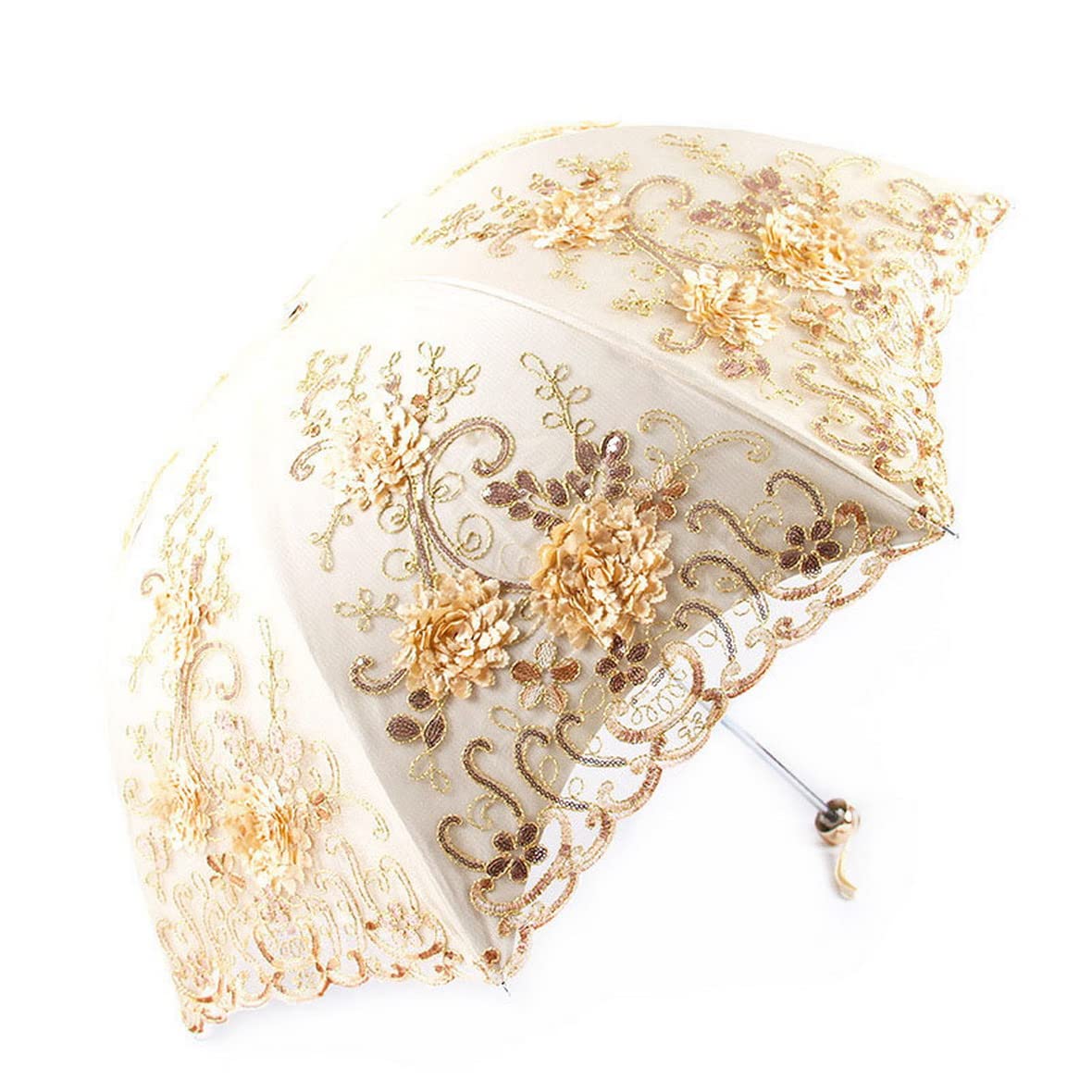AOOPOO Ladies Embroidered Lace Double-Deck Anti-UV Parasol Umbrella Sun/Rain/Snow Folding Umbrella (Yellow)