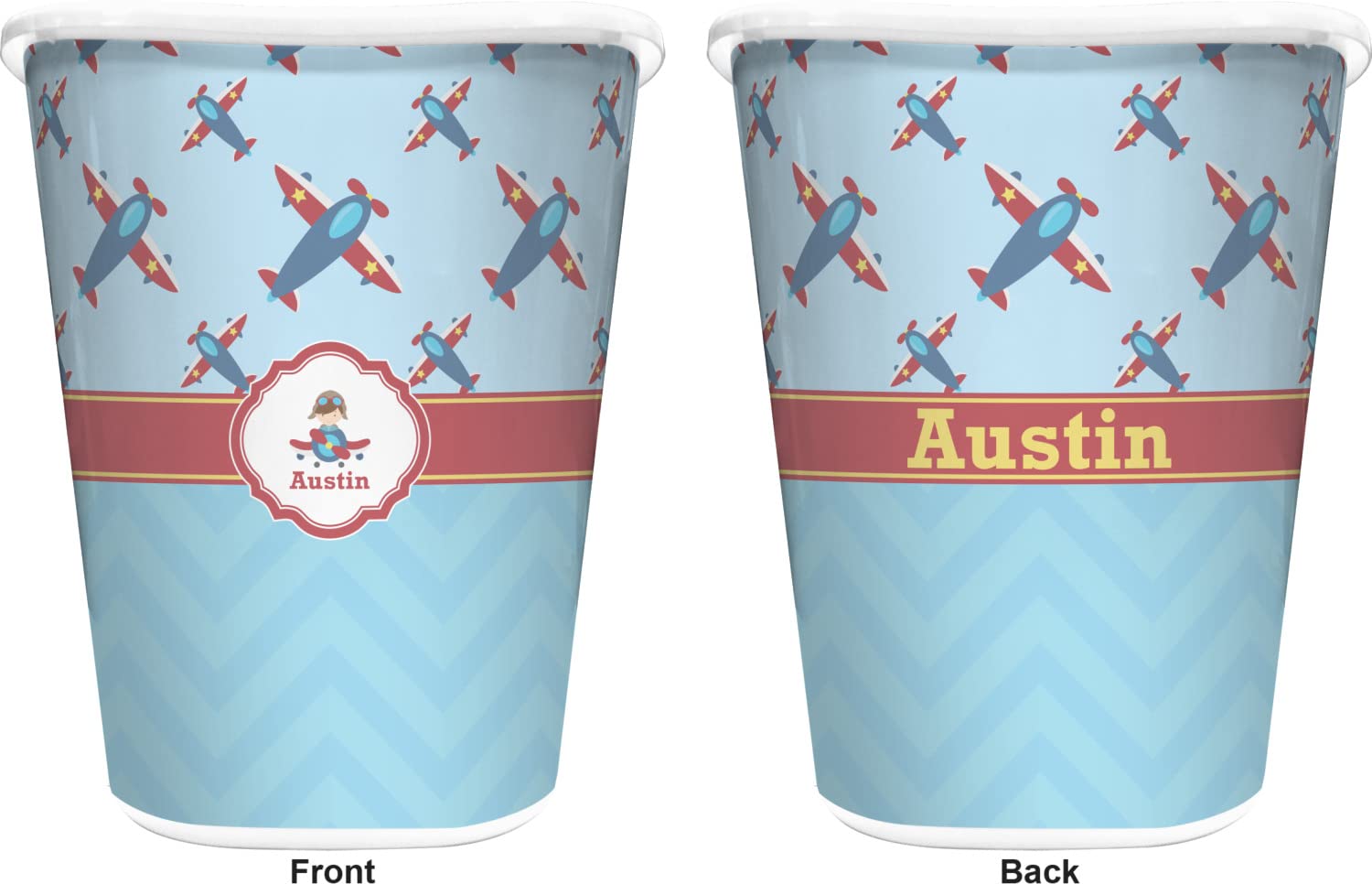 RNK Shops Personalized Airplane Theme Waste Basket - Double Sided (White)