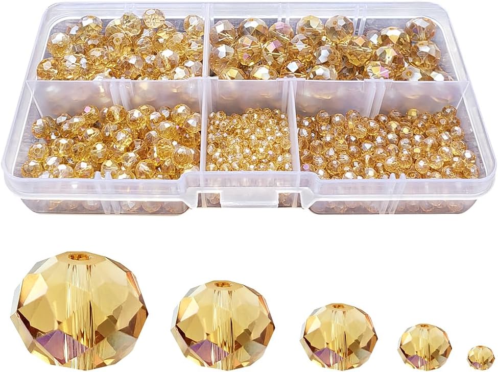 Gold Champagne Rondelle Glass Beads for Jewelry Making, Faceted Briolette Crytal Spacer Beads for Bracelet Necklace Earring (2mm 4mm 6mm 8mm 10mm Mixed Sizes, 1000pcs)
