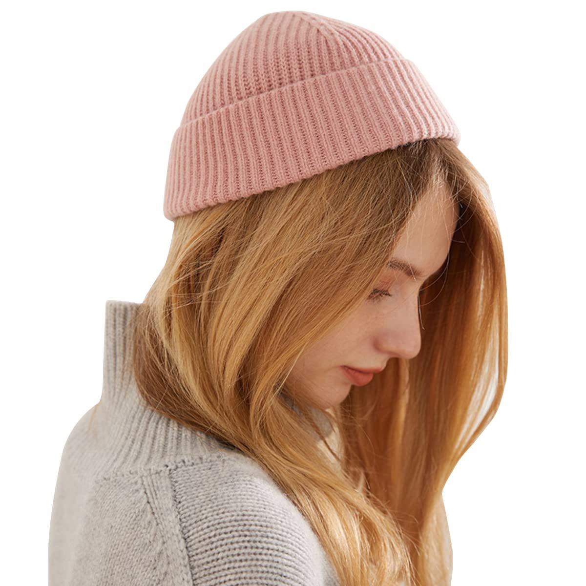 YUONNY Zimowa czapka typu beanie dla mężczyzn i kobiet, 100% kaszmirowa ciepła dzianinowa czapka hipsterska, elegancka czapka unisex z czaszką, kaszmirowa, dzianinowa, zwijana krawędź, czapka rybacka, jesień, zima, czapka z mankietami na prezenty, różowa