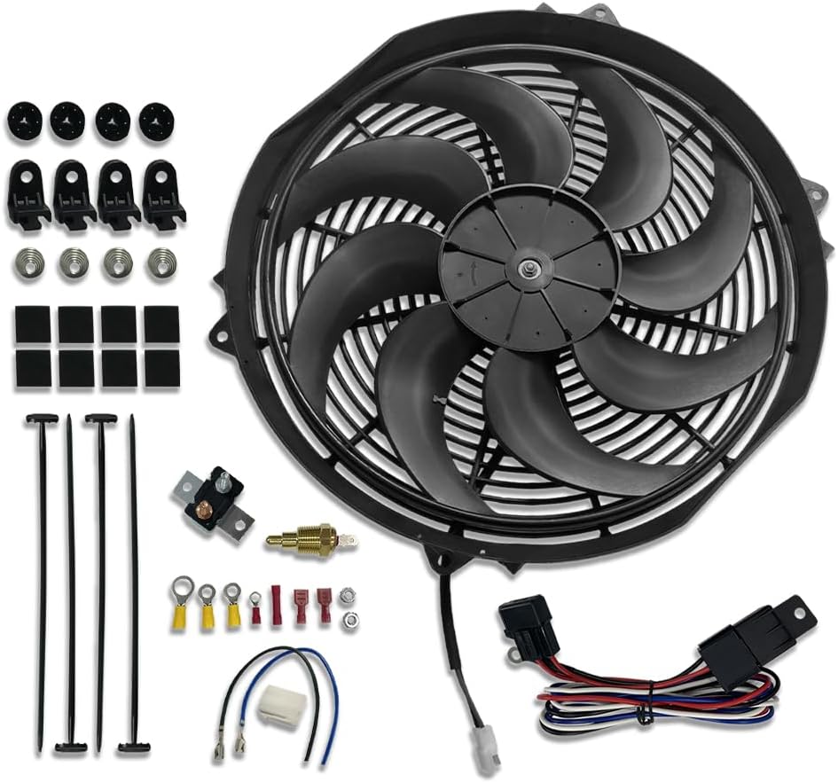 16" Electric Radiator Cooling Fan Wide Blade 12V 3000CFM with Assembly Kits and Thermostat Relay Kit