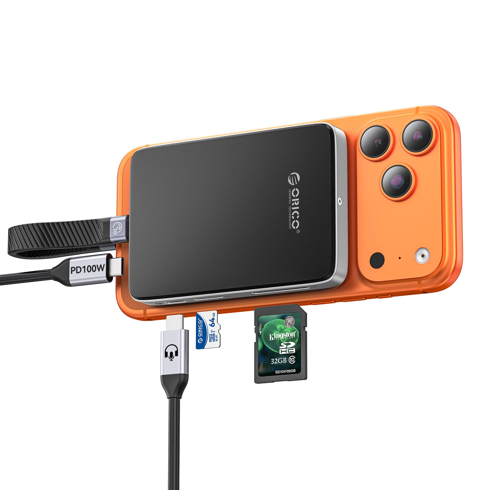 ORICO 10Gbps Magnetyczna obudowa M.2 NVMe SSD z podstawą USB-C Kompatybilna z nagrywaniem ProRes na iPhone 17/16/15 Pro/MAX/Plus Gniazdo TF/SD PD 100W dla dysków SSD 2230/2242/2260/2280 Bez dysku
