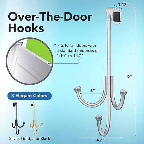 Miniatura 2 de Paquete de 2 ganchos para colgar sobre la puerta, con 3 cabezales para colgar y almohadillas de ajuste cómodo, 2 ganchos resistentes para colgar