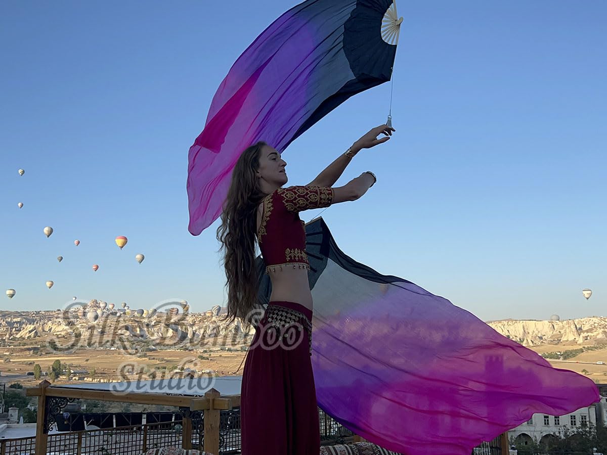 Winged Sirenny Paar Handgemalter Vielseitig Seidenfächer-Schleier mit Poi-Schnüren, Leichte 150cm Fächer-Pois für Bauchtanz, Tribal Dance, Bühnenshows & Spirituelle Tanz (schwarz-violett-rosa)