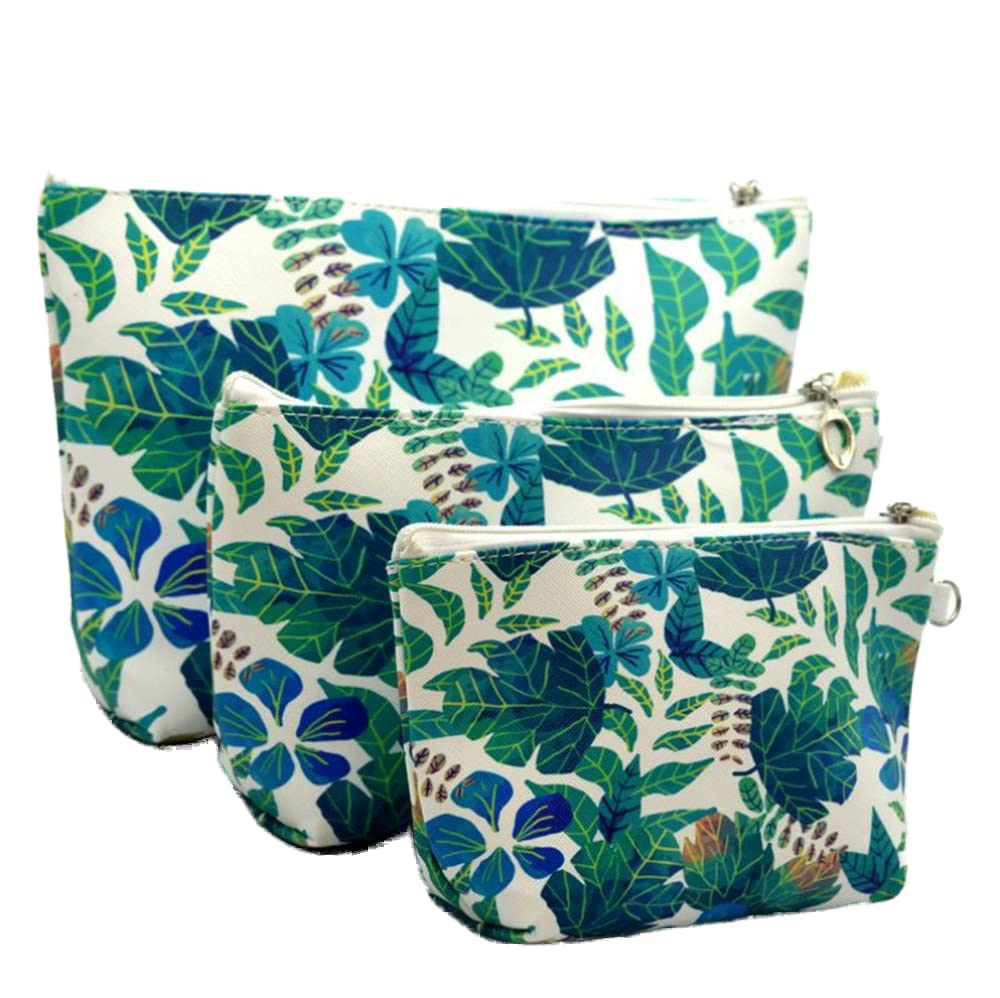XICHEN 3 PCS cosmetic bag waterproof cosmetic bag large capacity pu leather, Bathroom, Storage (3 Sizes) (Tropical rainforest leaf)
