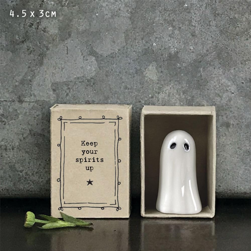 East Of India White Mini Matchbox Keep Your Spirits Up Halloween Porcelain Ghost, Friendship Gift, Keepsake Gift