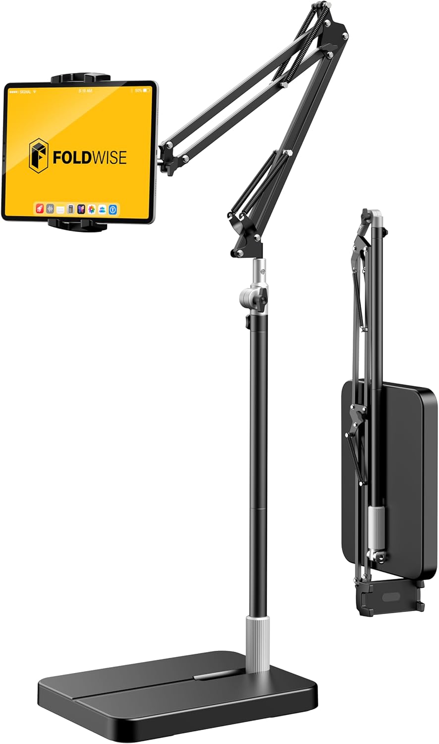 FoldWise Foldable iPad & Tablet Floor Stand - Sturdy 11lb Metal Weighted Base, 360° Rotation, Height & Angle Adjustable Kindle Holder for Bed & Couch - Fits iPad Pro/Air/Mini, Kindle, Switch, Phone…