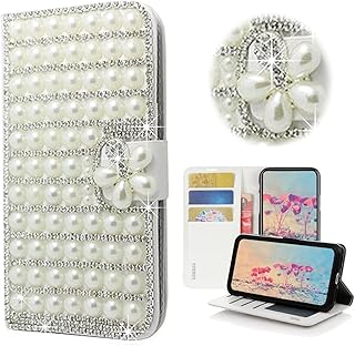 STENES Bling Wallet Phone Case Compatible with iPhone 12 Mini 5.4 inch 2020 Case - Stylish - 3D Handmade Pearl Lattice Flowers Design Magnetic Wallet Stand Leather Cover Case - White