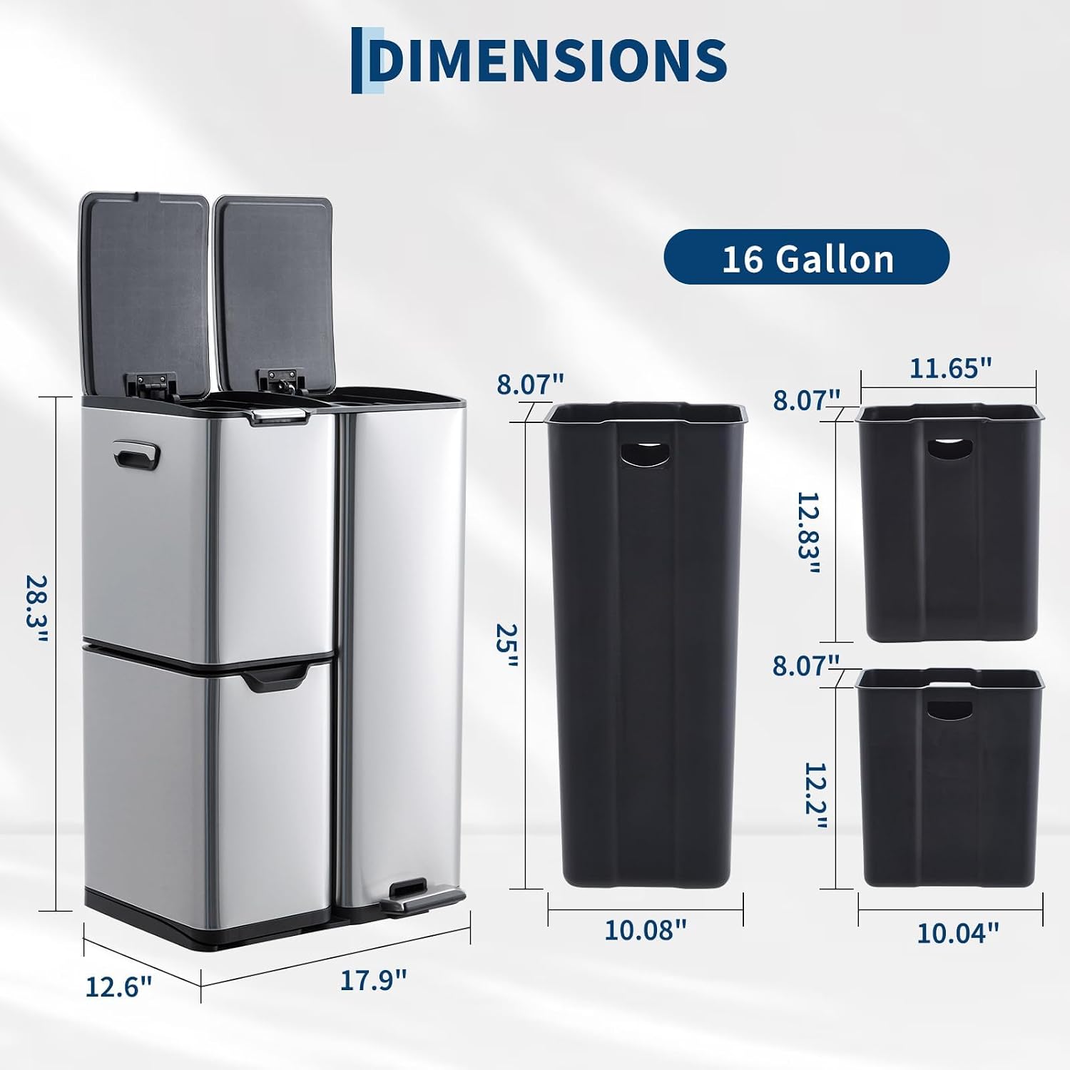 PrecisionAuto 16 Gal 3-in-1 Kitchen Trash Can, Triple Compartment Stainless Steel Garbage Can with Lid, Foot Pedal Trash and Recycle Bin Combo with Removable Inner Buckets, for Home Office, Silver
