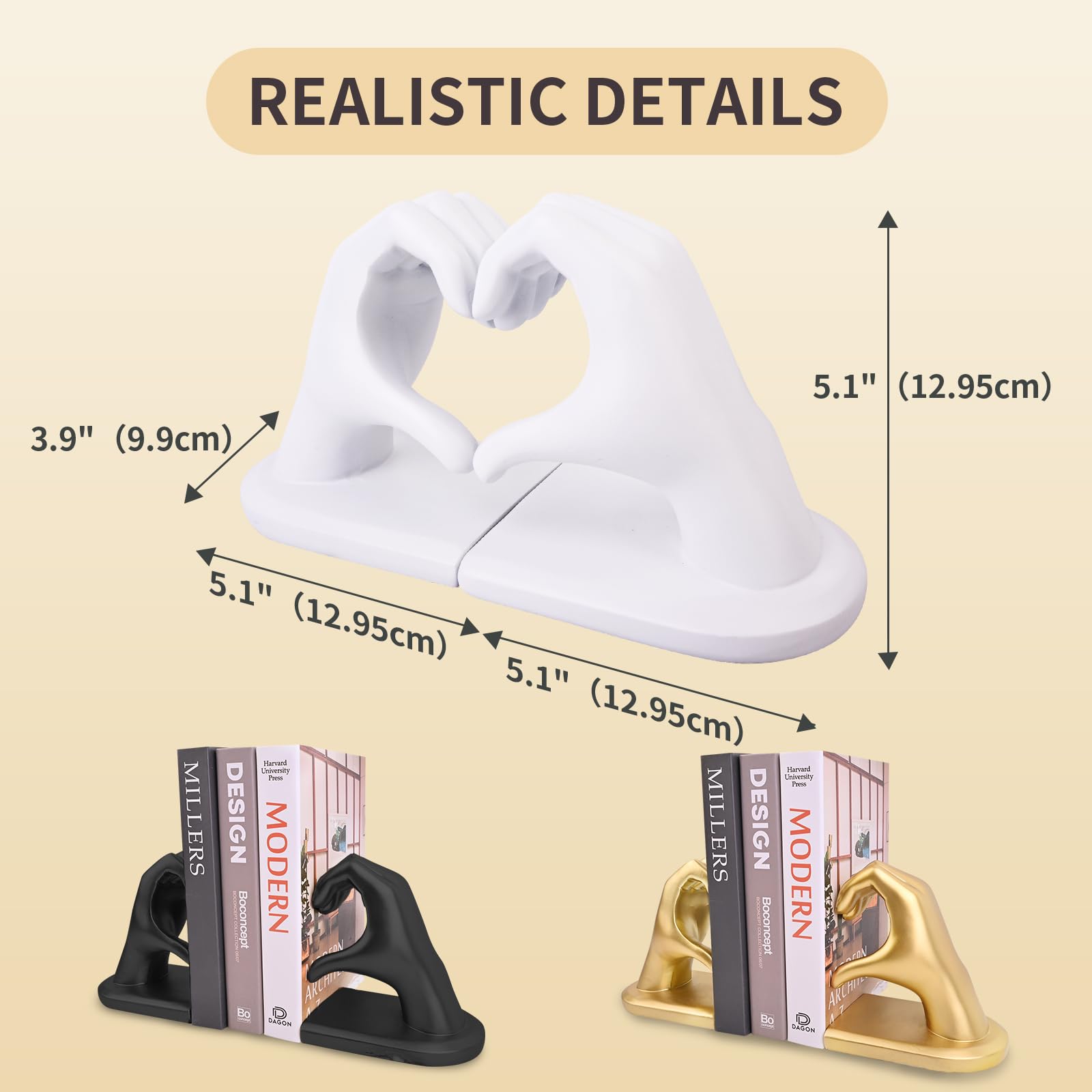 Sujetalibros Decorativos Blancos - Sujetalibros Escultura de Manos en Forma de corazón, Creativo y Soporte para Libros - para Sala de Estar, decoración del hogar y separadores de estantes de Oficina