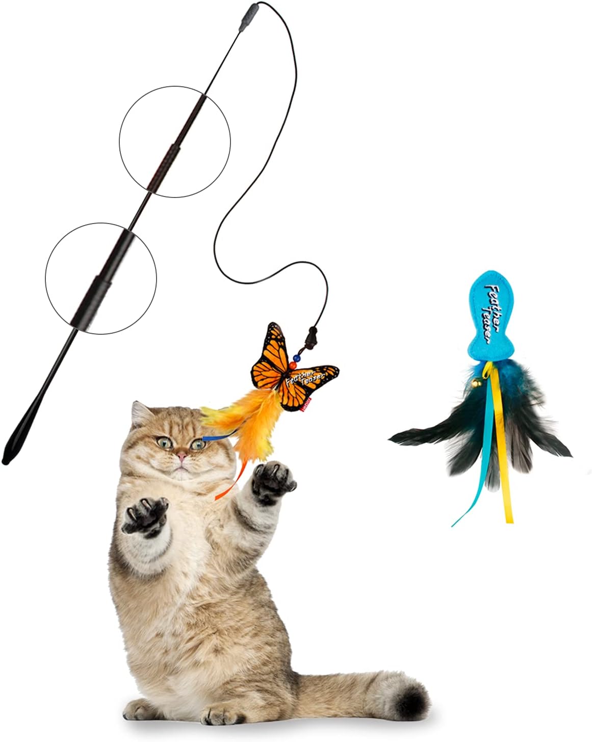 Gigwi Retractable Cat Toy Wand Feather, Interactive Cat Feather Toy Refillable Catnip/Crinkle Paper, Cat Toy Fishing Pole Attachments…