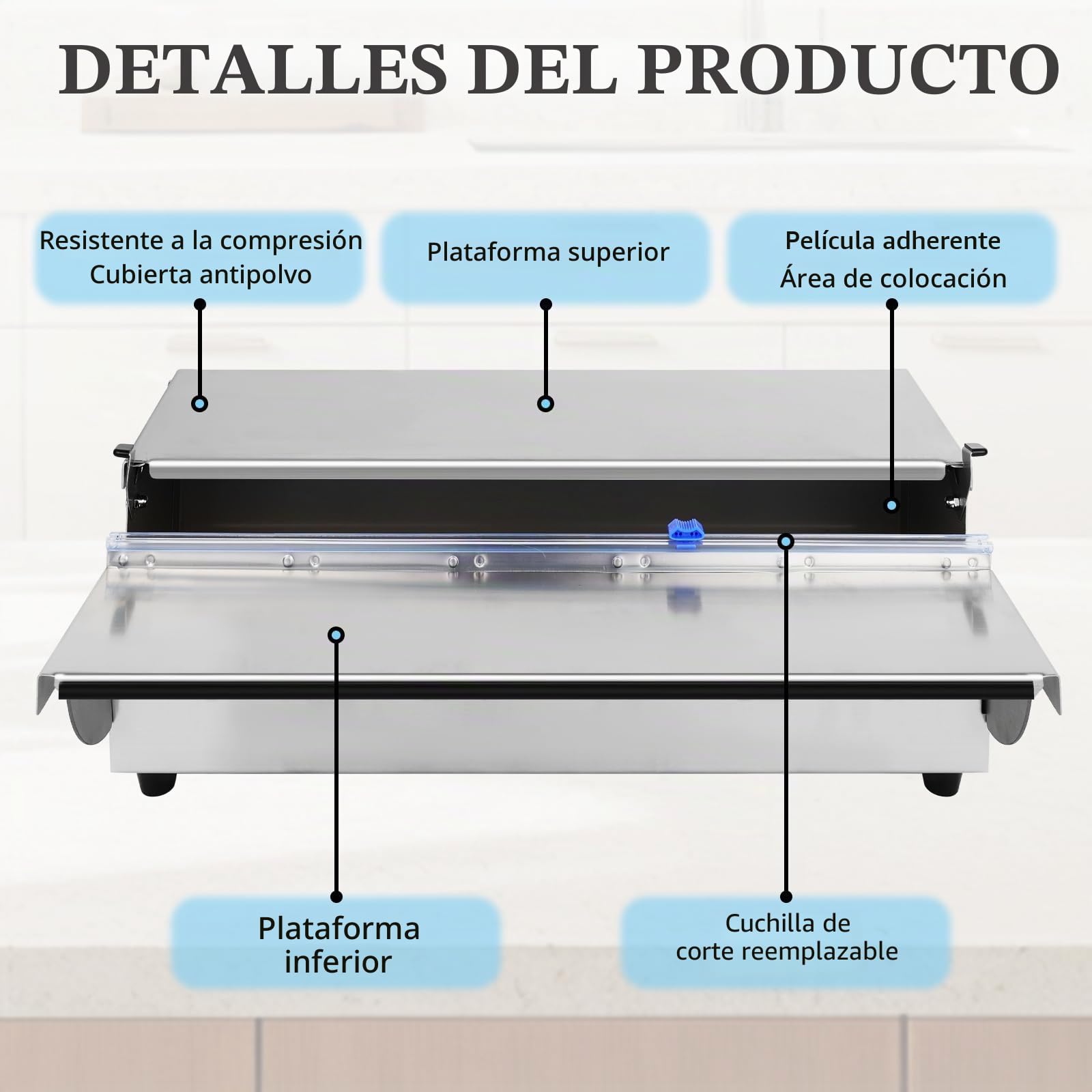 Dispensador de Film de Acero Inoxidable para Film Alimentario & Aluminio | Dispensador de Film de 45 cm, Plastic Wrap Dispenser con Cortador, Higiénico y a Prueba de Polvo, Plegable con 2 Cuchillas