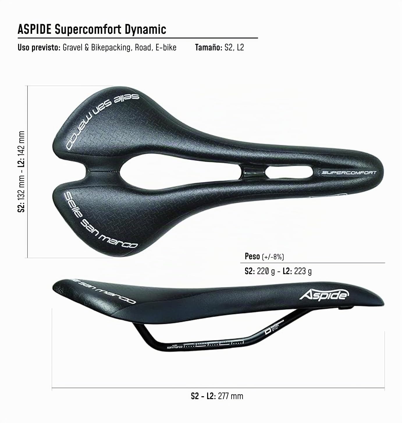 Selle San Marco ASPIDE Supercomfort Dynamic - Sillín para Bicicleta Gravel, con Asiento Estrecho y Mayor Acolchado de Gel, Forma Curva y Raíl de Aleación de Acero - Talla L2, Negro
