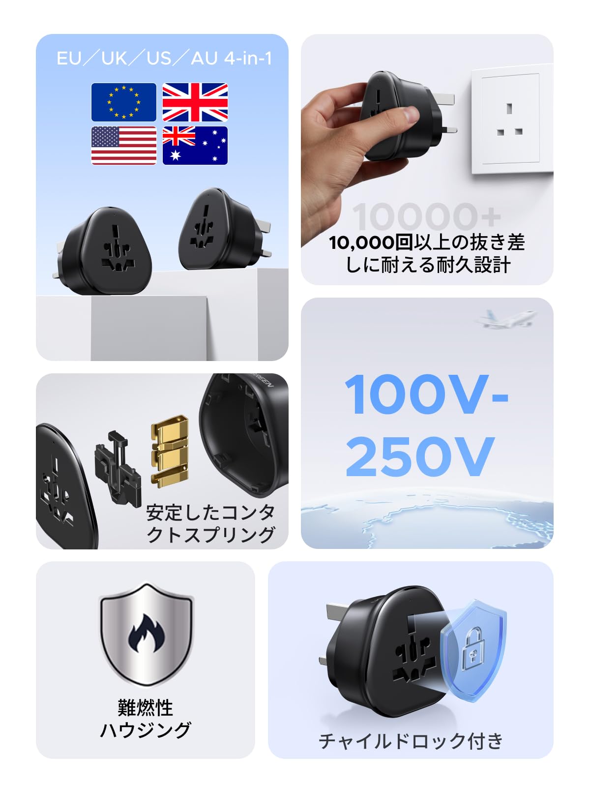 UGREEN 海外転換プラグ BFタイプ コンセント変換器 コンセント 1個AC差込口 マルチ電源変換プラグ C/A/B/G/Iタイプ シンガポール/香港/イギリスなどの国に対応 コンパクト 旅行便利 - 4