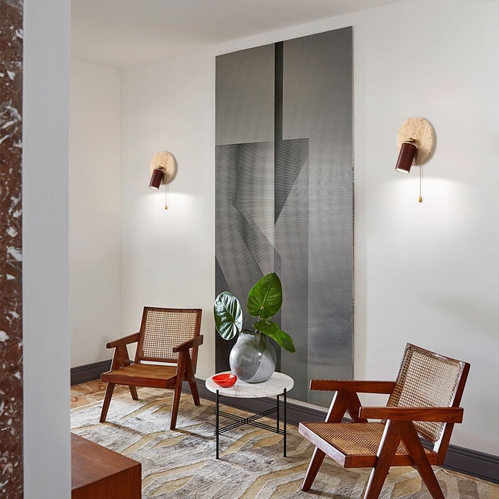 Kamienny kinkiet ścienny Wabi Sabi, regulowany drewniany łańcuch światło żółty trawertyn kinkiet 3 tryby kolorów lampa do sypialni salonu