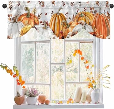 Fall Tie Up Valance for Windows Harvest Pumpkin Curtains Valances Window Treatments Orange Flower Eucalyptus Leaves Wood Thanksgiving Balloon Curtains for Kitchen Living Room Bedroom 60x18