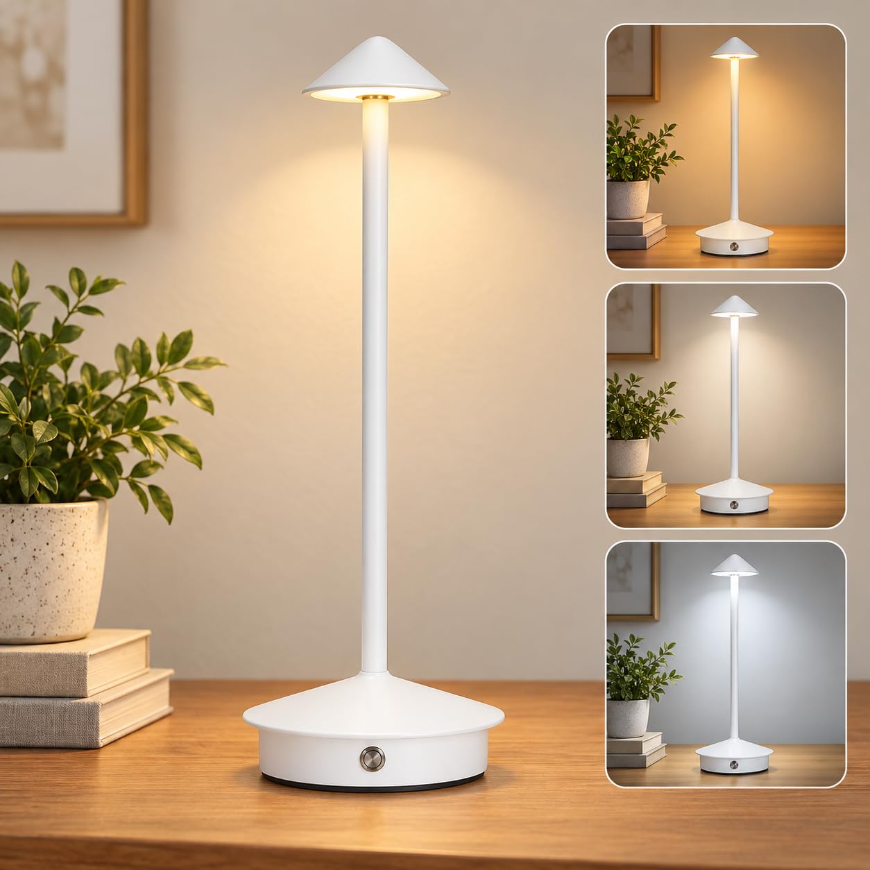 XAVRO Cordless LED Table Lamp USB-C Rechargeable Dimmable Metal Desk Lamp with 3 Colour Modes, Portable Touch Bedside Light for Bedroom, Living Room, Dining Table & Home Office, White