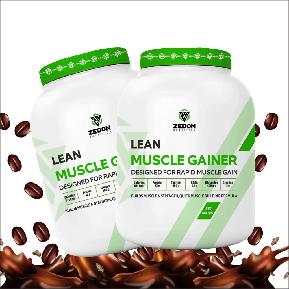 Zedon Nutrition Lean Muscle Gainer | 42g Protein, Creatine, BCAA, Glutamine, Taurine | Muscle Building Whey Protein Powder Supplement for Men & Women (Coffee, 2KG)