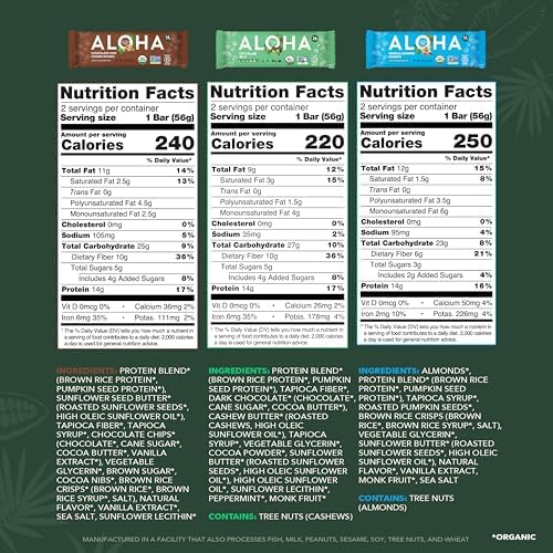 ALOHA Organic Plant Based Protein Bars - 6 Flavor Variety Pack - 12 Count, 1.9oz Bars - Vegan Snacks, Low Sugar, Gluten-Free, Low Carb, Paleo, Non-GMO, Stevia-Free, No Sugar Alcohols 1