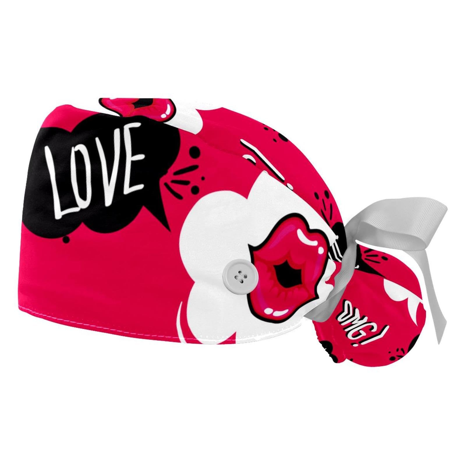 Working Cap for Women with Ponytail Pouch Long Hair, 2 Packs Nurse Scrub Caps, Soft Unisex Bouffant Hats Women Mouth OMG Love Cloud Red