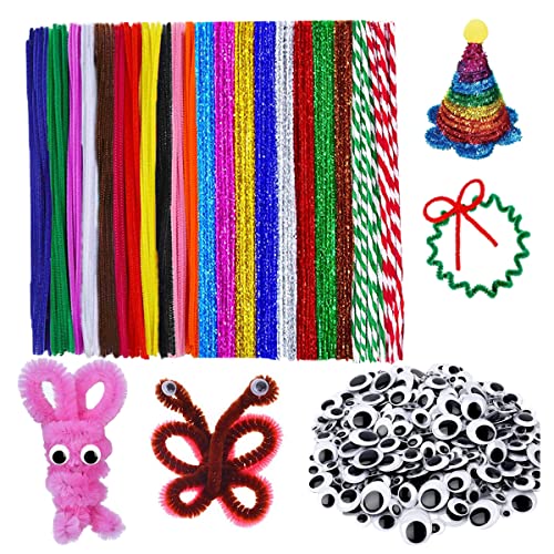 KIMMAX Pfeifenreiniger Chenilledraht Bastelset Bunt für Kinder Basteln und Dekorieren 520 Stück (100 Glitzer+120 Classic Pfeifenputzer und 300 Googly Eyes) Cover