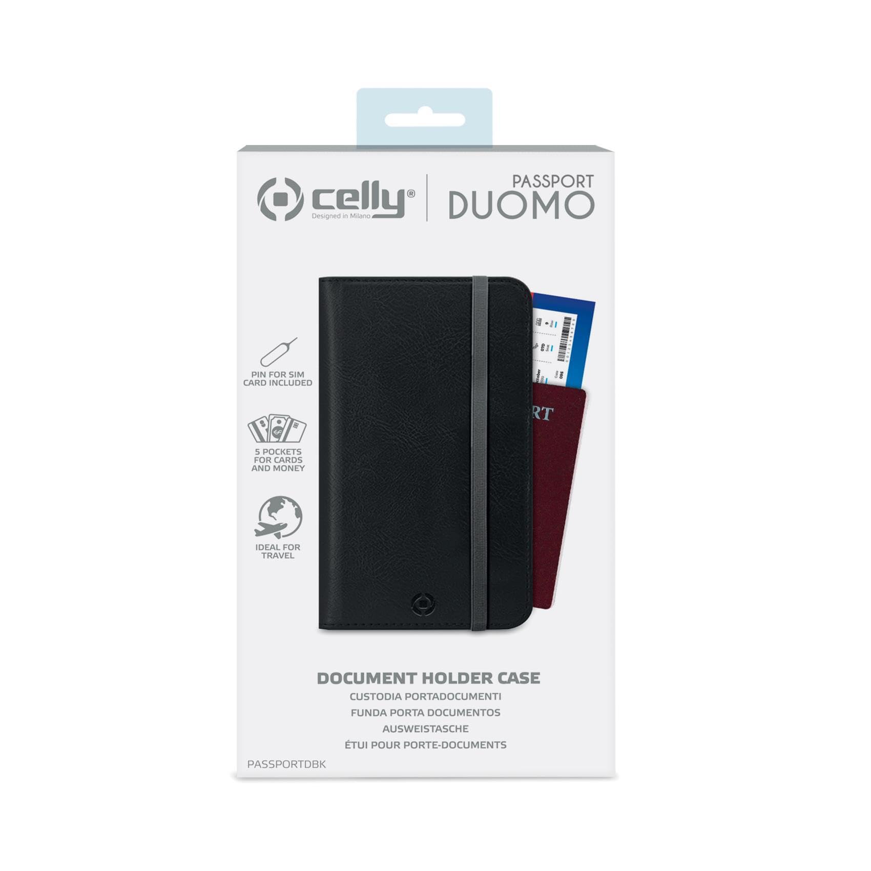 Celly, Porta Passaporto Da Viaggio, Accessorio da Viaggio Utili con Chiusura Magnetica e Tasche Per Documenti, Carte, Contanti e Smartphone, in Similpelle Nero