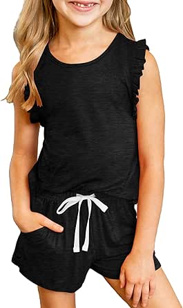 Dokotoo Girls Summer Cute T-Shirt Shorts Set Ruffle Sleeve Crew Neck Solid Stretchy Drawstring Waist Shorts with Side Pockets Size 12-13 Black