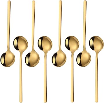 8-Piece Gold Coffee Spoons Set, 5.24-inch Small Stainless Steel Dessert Spoons, Food Grade SUS 304 Tea Spoons with Long Handle, Mirror Polished Stirring Spoons for Espresso, Dessert, Cake