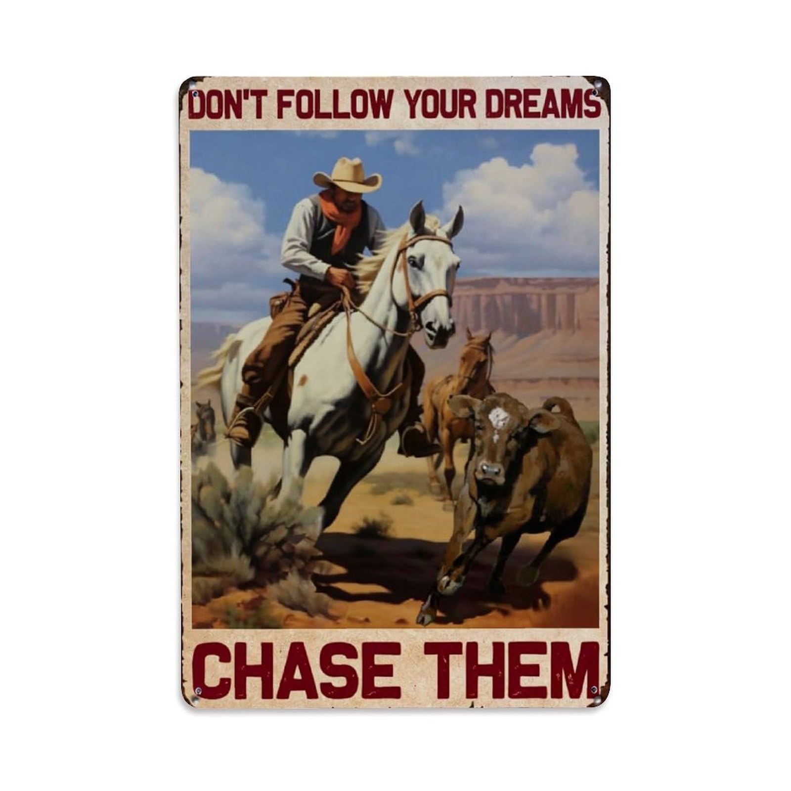 Jdfenggu Vintage Cowboy Riding Horse Chasing Cattle Retro Metal Tin Sign, Decor Art Poster For Bar, Home, Man Cave, Kitchen, Laundry Room Gift 8X12inch