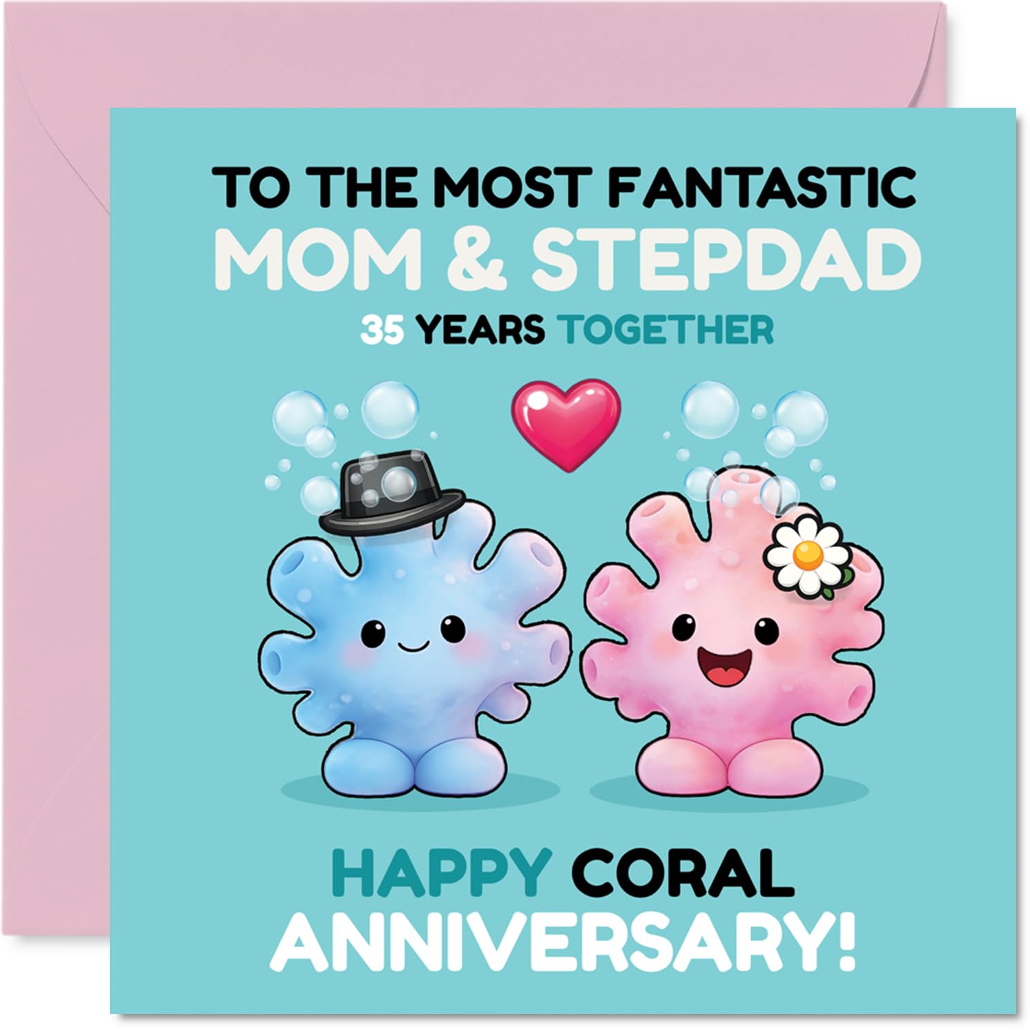 Cute 35th Anniversary Card for Stepdad & Mum - Brighten Their Coral Anniversary - Adorable Coral Characters Celebrating 35 Years Together - 145mm Square, Envelope Included