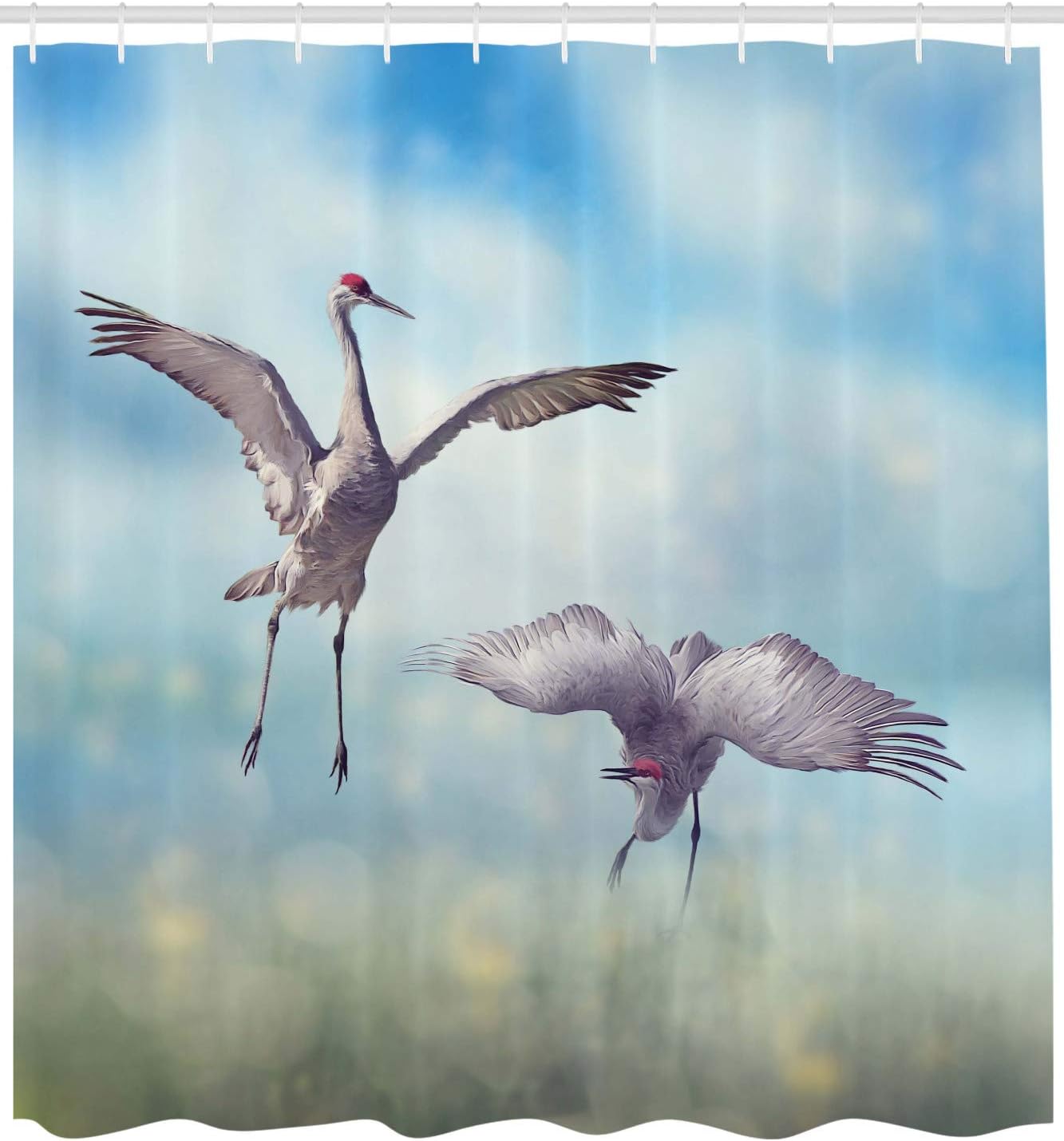 Ambesonne Cranes Shower Curtain, Sandhill Birds in Florida Wetlands Exotic Beach Spouse Digital Art, Cloth Fabric Bathroom Decor Set with Hooks, 69" W x 84" L, Azure Blue Purple Grey