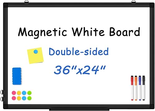 Pizarra blanca de doble cara, marco de aluminio negro, 36 x 24 pulgadas, pizarra blanca magnética para pared, pizarra blanca montada para colgar en