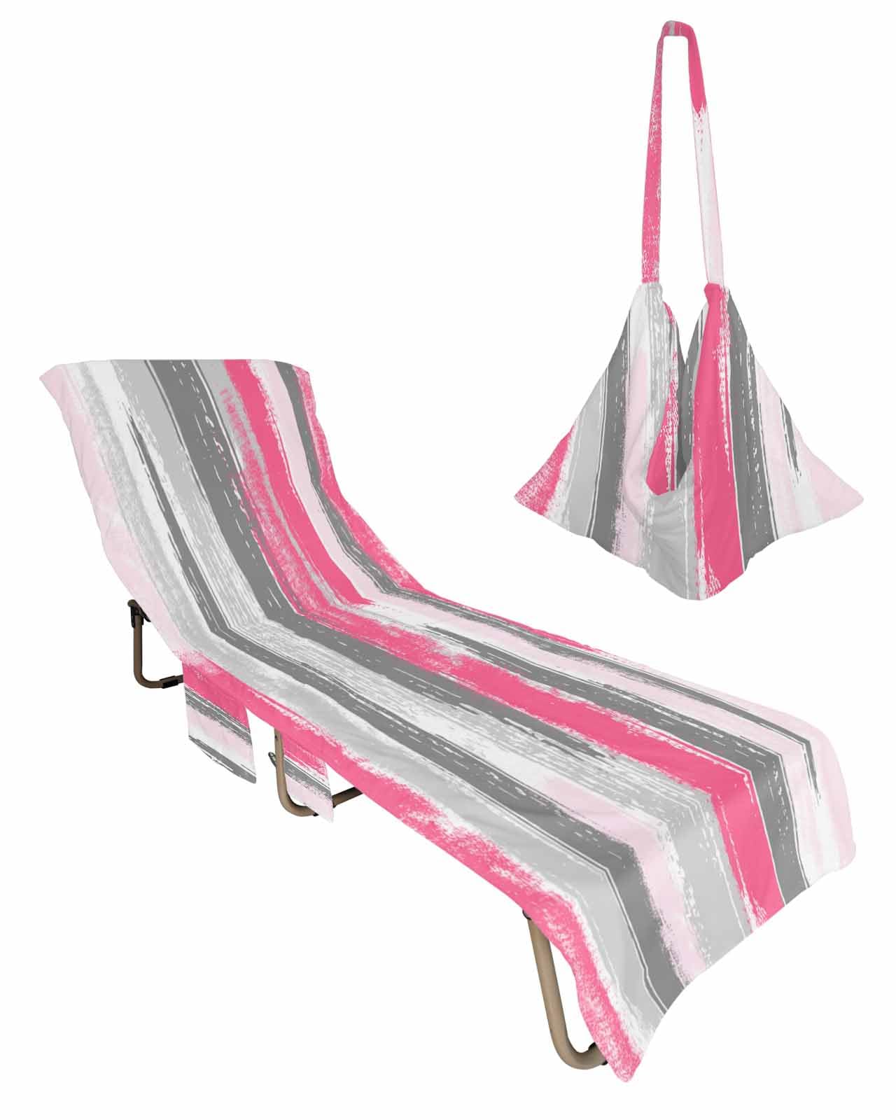 Pink Grey Beach Lounge Chair Towel Cover, Soft Chaise Lounge Towel with Side Pockets Patio Pool Chairs Cover for Beach/Pool Sunbathing 29x85 Modern Abstract Art Striped Geometric