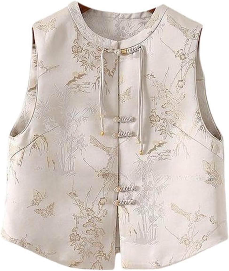 Women's Embroidered Frog Button Chinese Vest Sleeveless Waistcoat