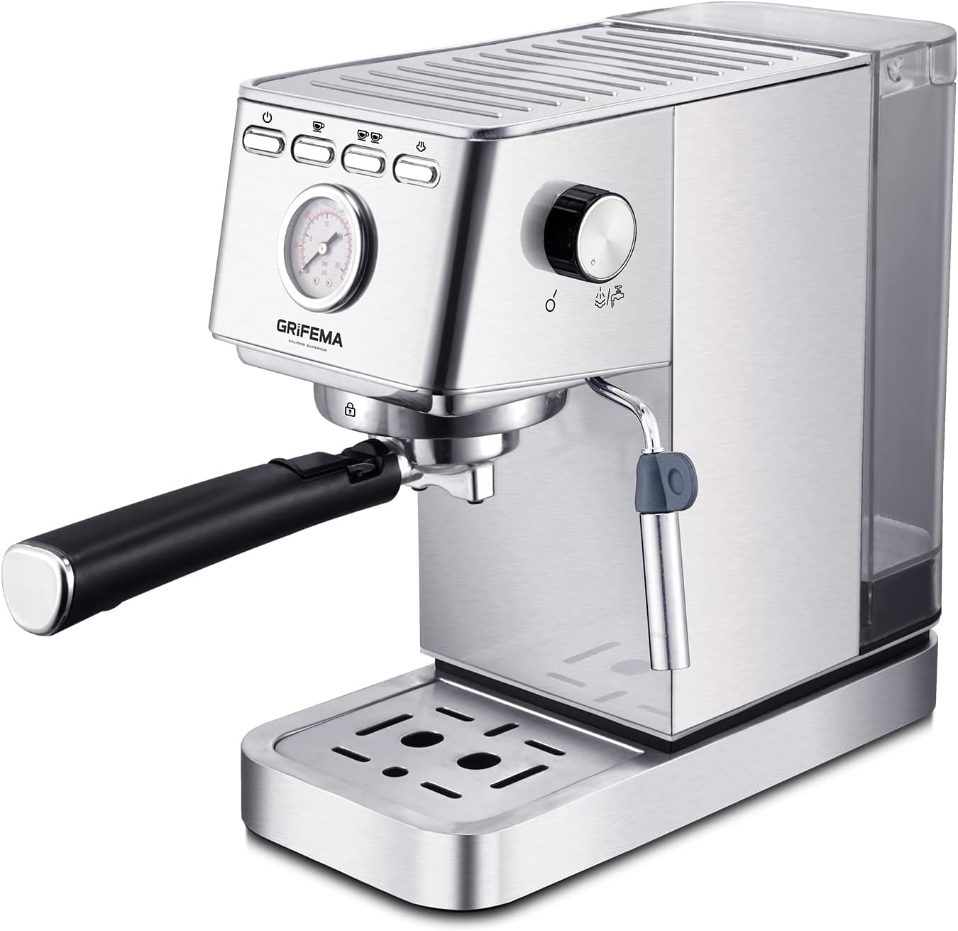 GRIFEMA GC3003 Coffee Maker, Cappuccino Automatic Espresso, Filter Holder Arm with Double Exhaust and Two Filters, 20 Bar Pressure, Removable 1.4L Tank, 1350 W, BPA Free, Plata