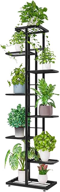 IBEQUEM 8 Tier Metal Tall Plant Stand, Multiple Flower Pot Holder Shelves, Planter Rack Storage Organizer Display for Indoor Outdoor Balcony Garden (Dark Gray)