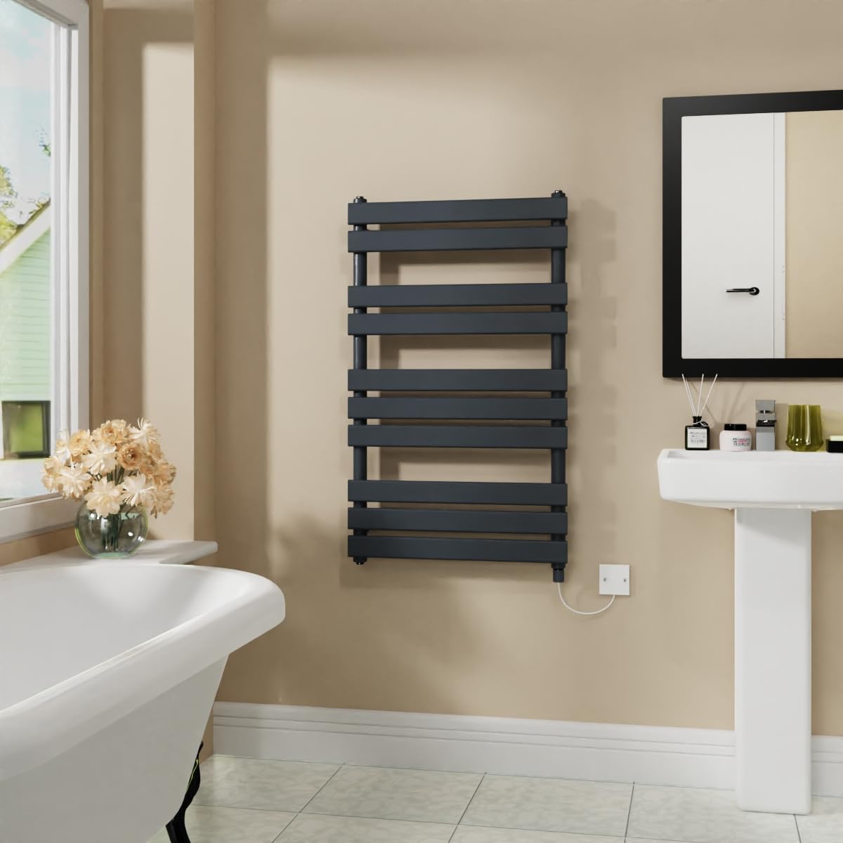 Warmehaus Sand Grey Electric Flat Panel Heated Towel Rail Bathroom Ladder Radiator Warmer 1000X600mm 600W
