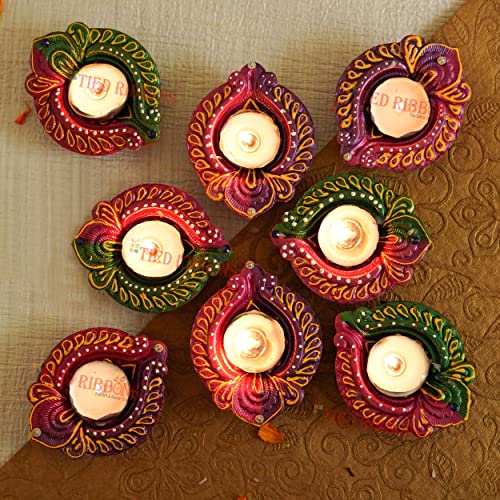 Tied Ribbons Clay Diya Set of 8 Handmade Terracotta Diyas for Home Décor Oil Diya Lamp for Pooja Mandir Temple Deepavali Indian Gift Items - Decorations for House and Gifts Cover