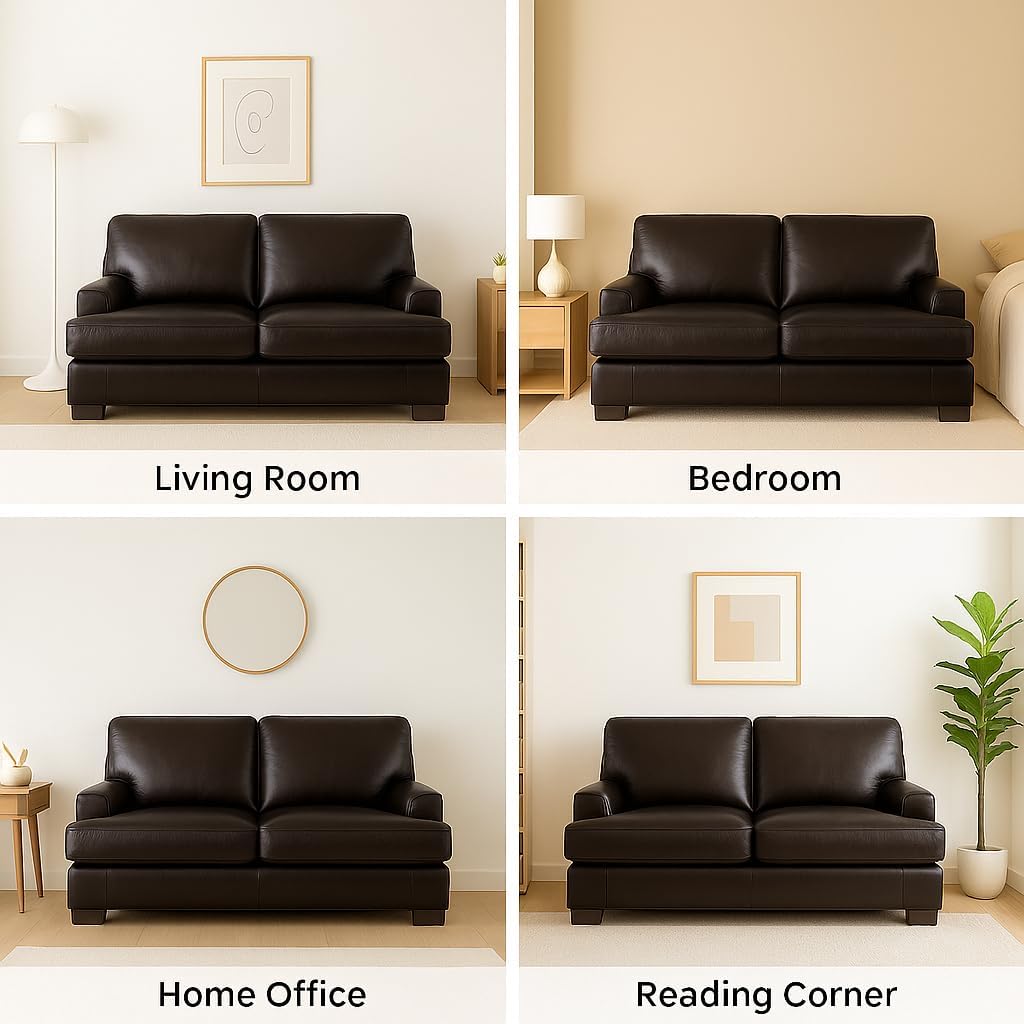 Naomi Home Leather Loveseat Goose Feather Cushions Square Arms Sturdy Legs - Cozy 2-Seater Espresso