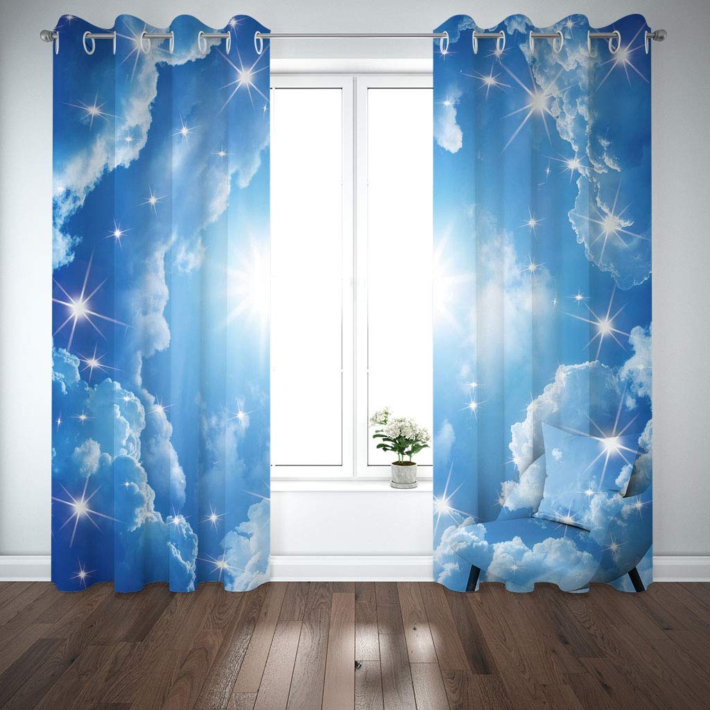 Vorhang Blickdicht Ösenschal Verdunkelungsvorhang 3D Blau-Weißer Sternenhimmel-Traum Muster Gardinen Wohnzimmer Kinderzimmer Thermovorhang Ösenvorhänge 2Er Set Blickdichte Vorhänge 200X214Cm